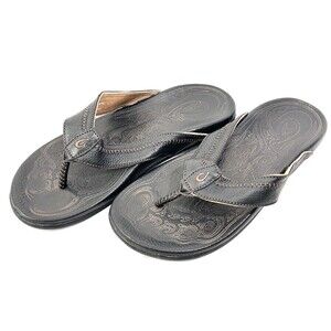 Olukai HIAPO Leather Flip Flops Sandals Men’s Size 11.5 Brown Embroidered